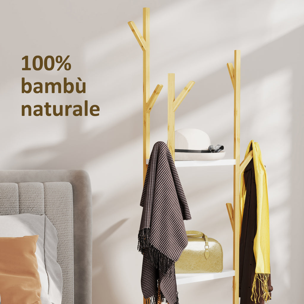 Tree Clothes Hanger in Bamboo with 8 Hooks and 3 Shelves, Natural Wood and White