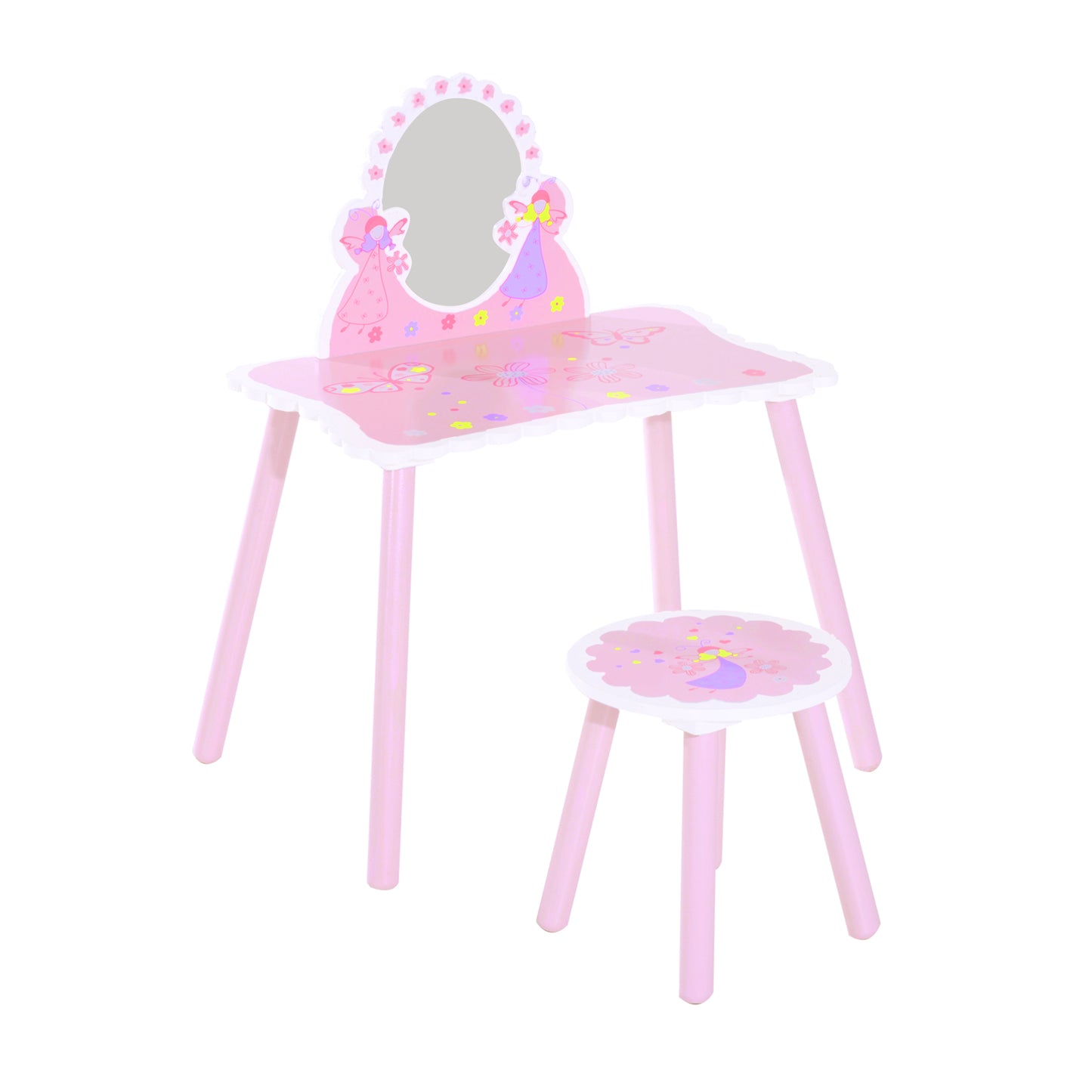 Children's Dressing Table with Wooden Stool, Make-Up Table with Modern Mirror and Drawer, 59W x 39D x 77H cm, Pink