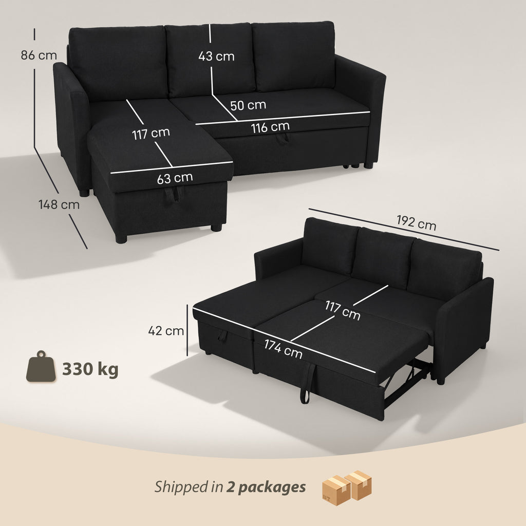 Linen-Effect Corner Sofa Bed with Retractable Storage Compartment, 192x148x86 cm, Anthracite Grey