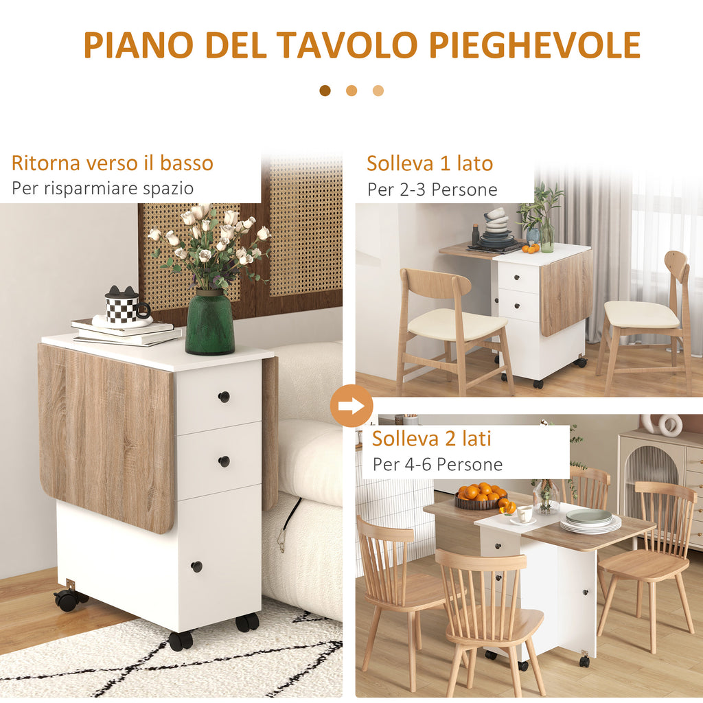 Folding Table with 2 Drawers and Cabinet, 6 Wheels and Brakes, 120x60x76.5 cm, White and Oak