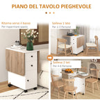 Folding Table with 2 Drawers and Cabinet, 6 Wheels and Brakes, 120x60x76.5 cm, White and Oak