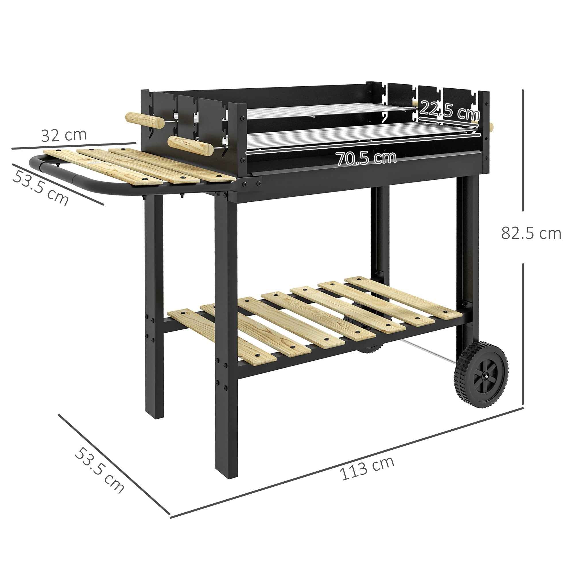 Outsunny Adjustable Height Charcoal Barbecue with 2 Grills and 2 Shelves, Metal and Wood, 113x53.5x82.5 cm, Black