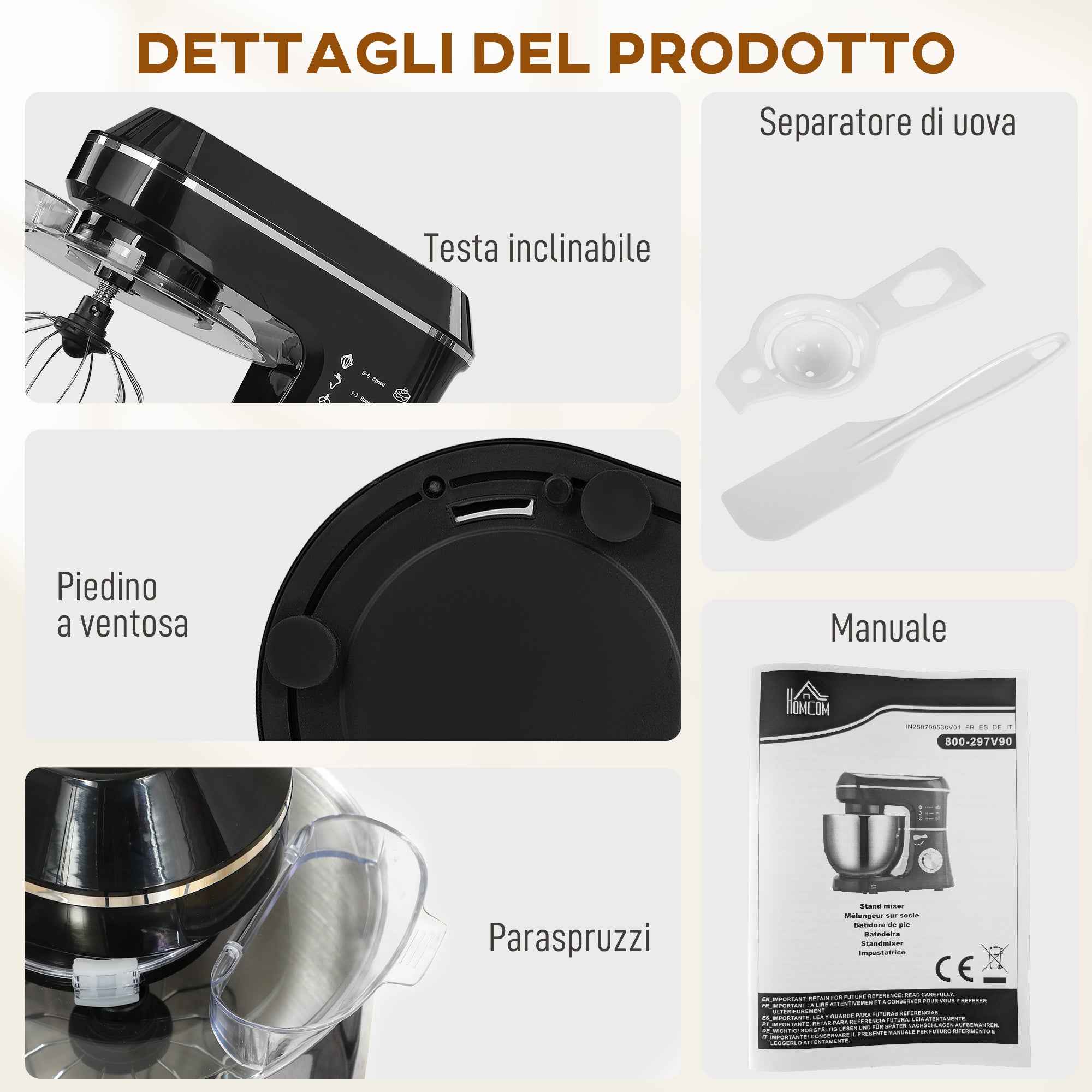 HOMCOM 1400W Stand Mixer with 7L Bowl and 6 Speeds, Dough Hook, Whisk and Beater, Black
