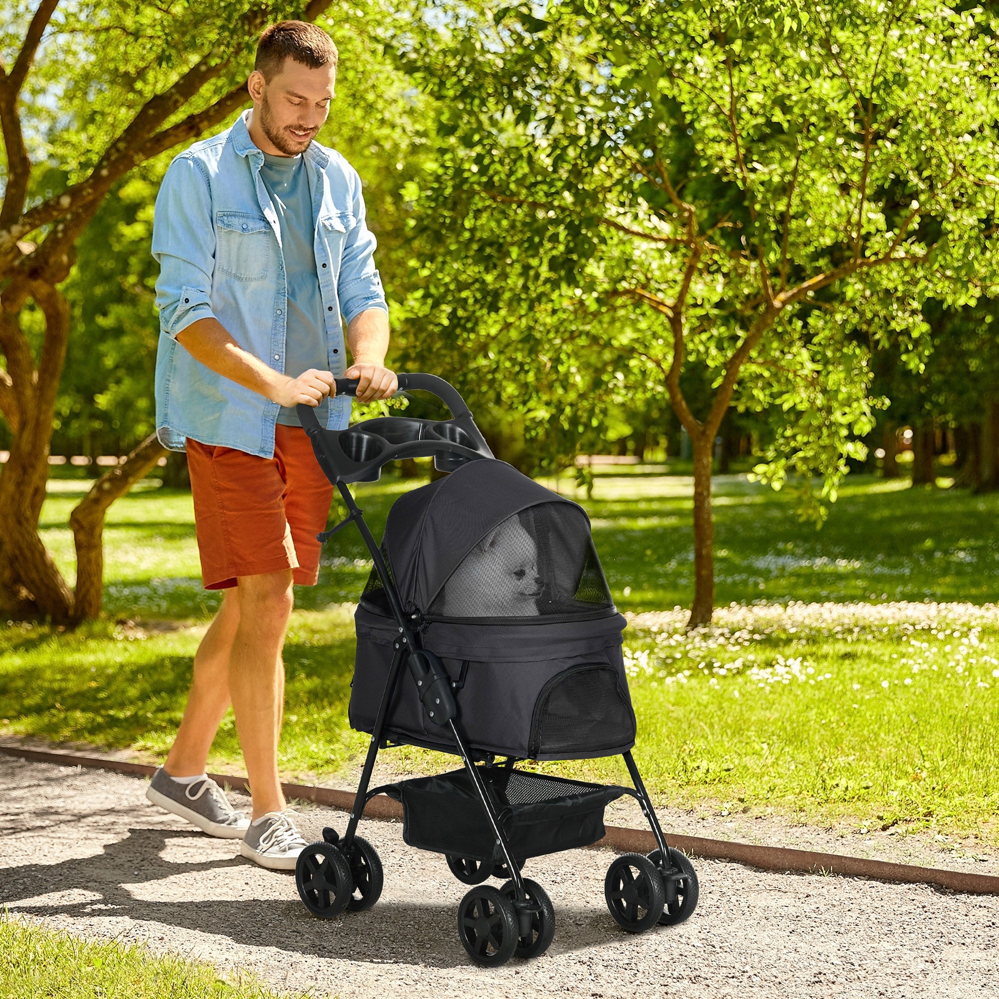 Foldable Dog Stroller with Safety Leash and Basket, Black