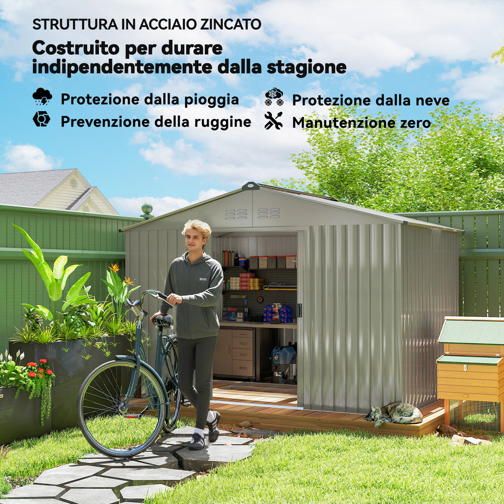 Outsunny Metal Garden Shed with Air Vents and Double Sliding Door, 277x195x192 cm, Silver