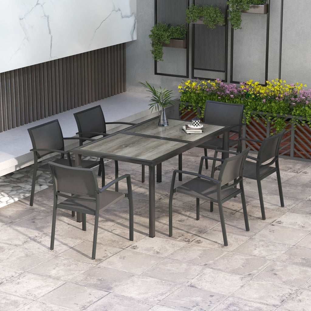 Garden Set with 6 Stackable Mesh Fabric Chairs and Wood Effect Table, Grey