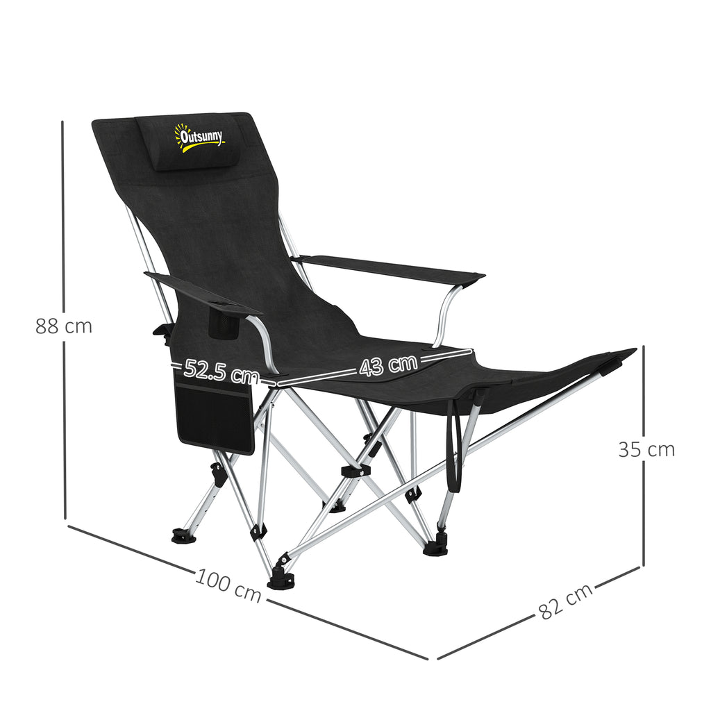 Set of 2 Folding Camping Chairs with Detachable Footrest and Cup Holder, 82x50/100x88 cm, Black