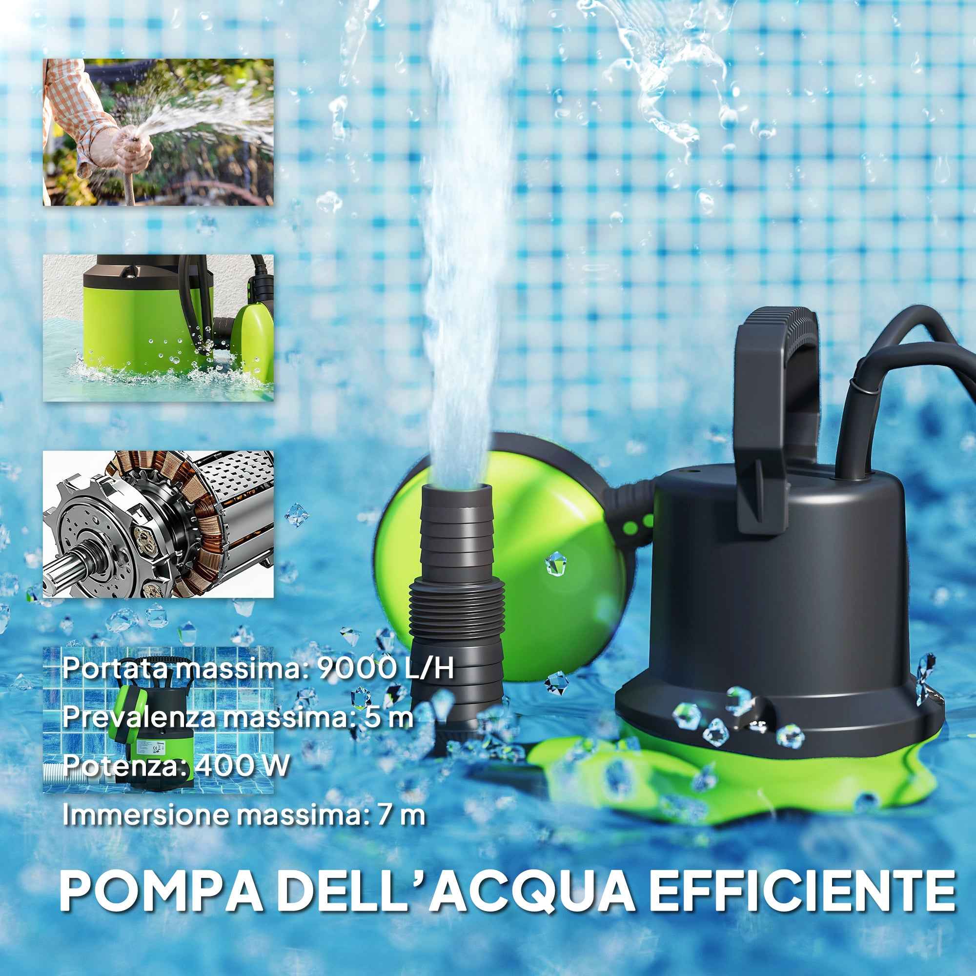 Outsunny 400W Dirty/Clean Water Pump, 9,000L/h, Submersible Dirty Water Pump 7m Max Depth, Handles Particles up to 15mm, Float Switch, Green