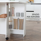 LEAF - Foldable Dining Table for 4-6 People with 2 Wheels, Space-Saving Leaf Table with 2 Storage Shelves, 140x75x74cm, White