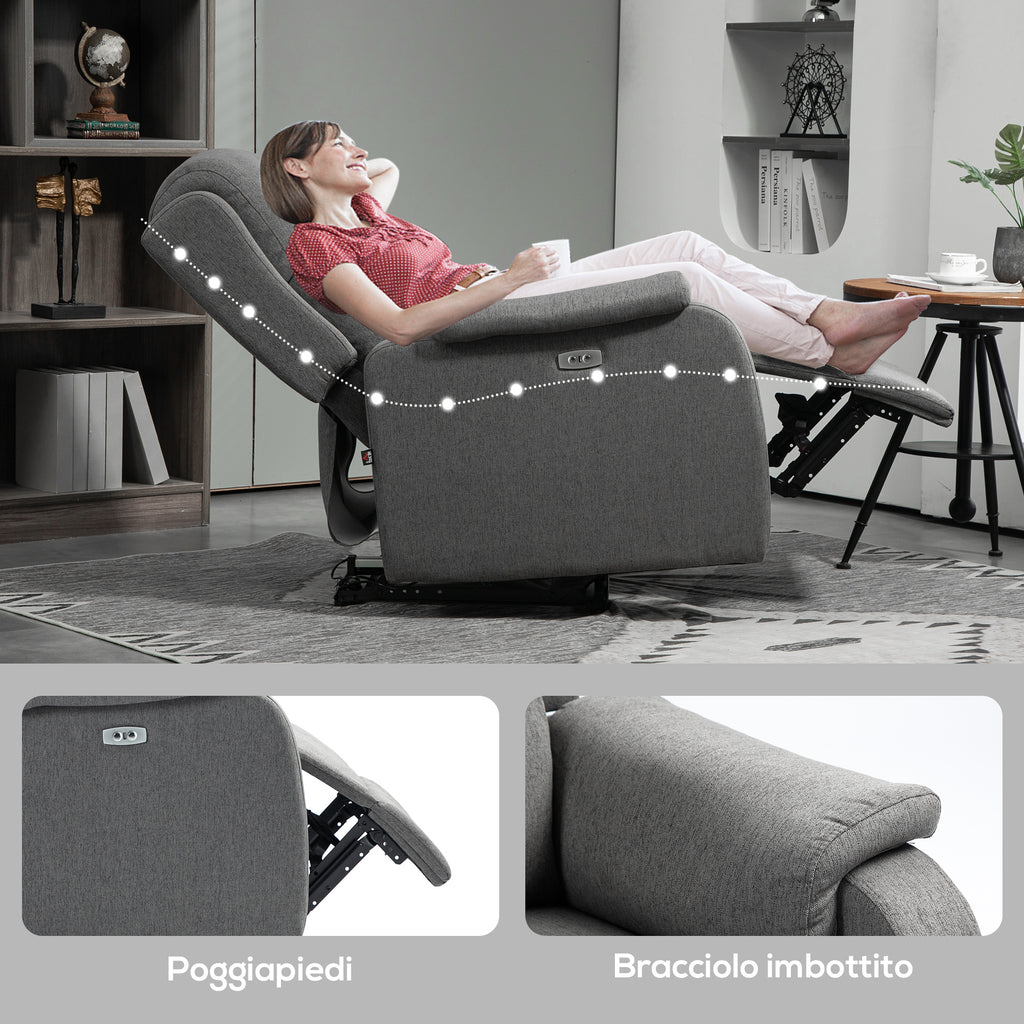 Reclining Chair with Footrest, in Linen Effect Fabric, Wood and Metal, 77x91x106 cm, Dark Grey