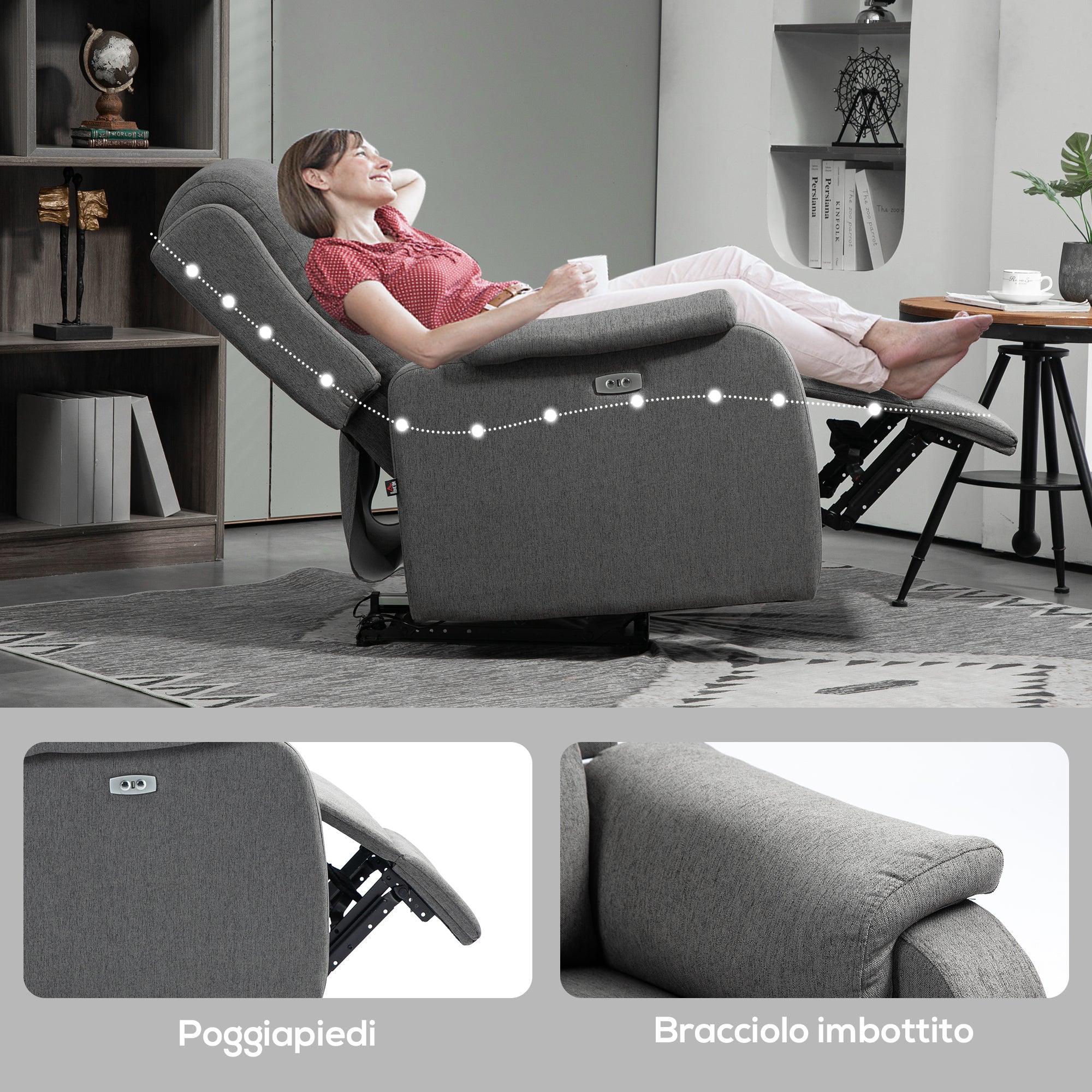 Reclining Chair with Footrest, in Linen Effect Fabric, Wood and Metal, 77x91x106 cm, Dark Grey