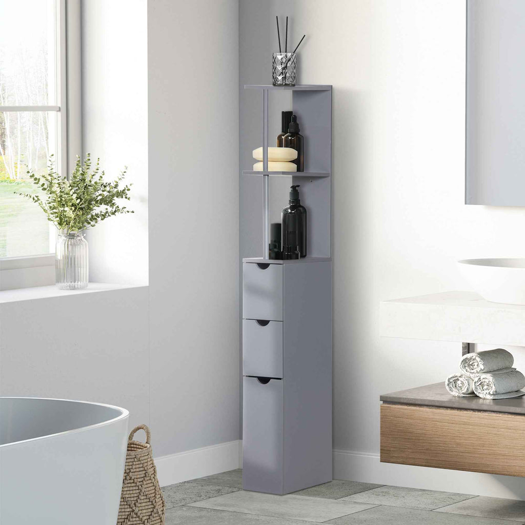 HOMCOM Bathroom Cabinet with Open Shelves and Drawers, Wooden, 15x33x136.8 cm, Grey