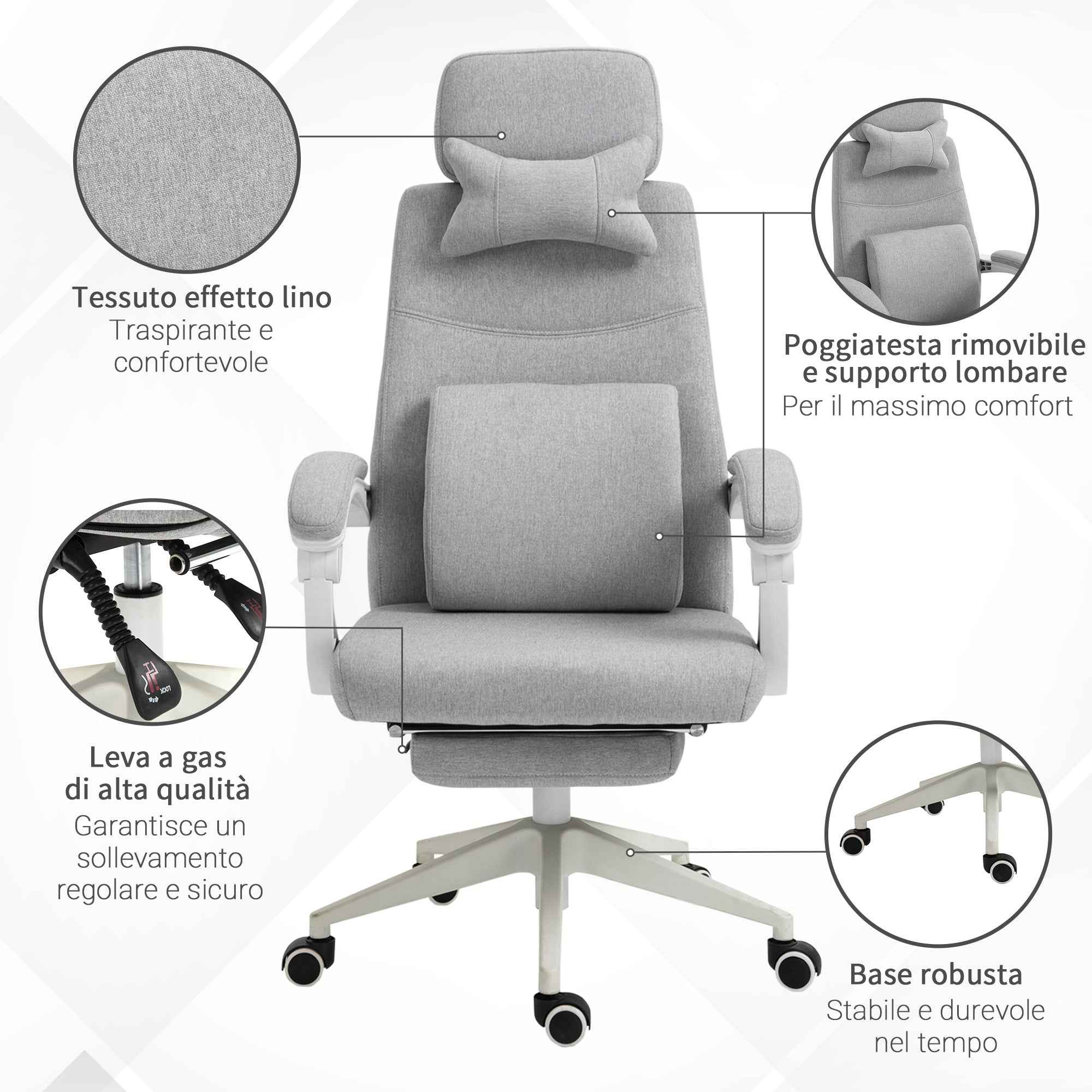 Vinsetto Ergonomic Office Chair, Desk Chair with Wheels, Lumbar Cushion, Removable Headrest and Footrest, Grey 62x68x117-127cm