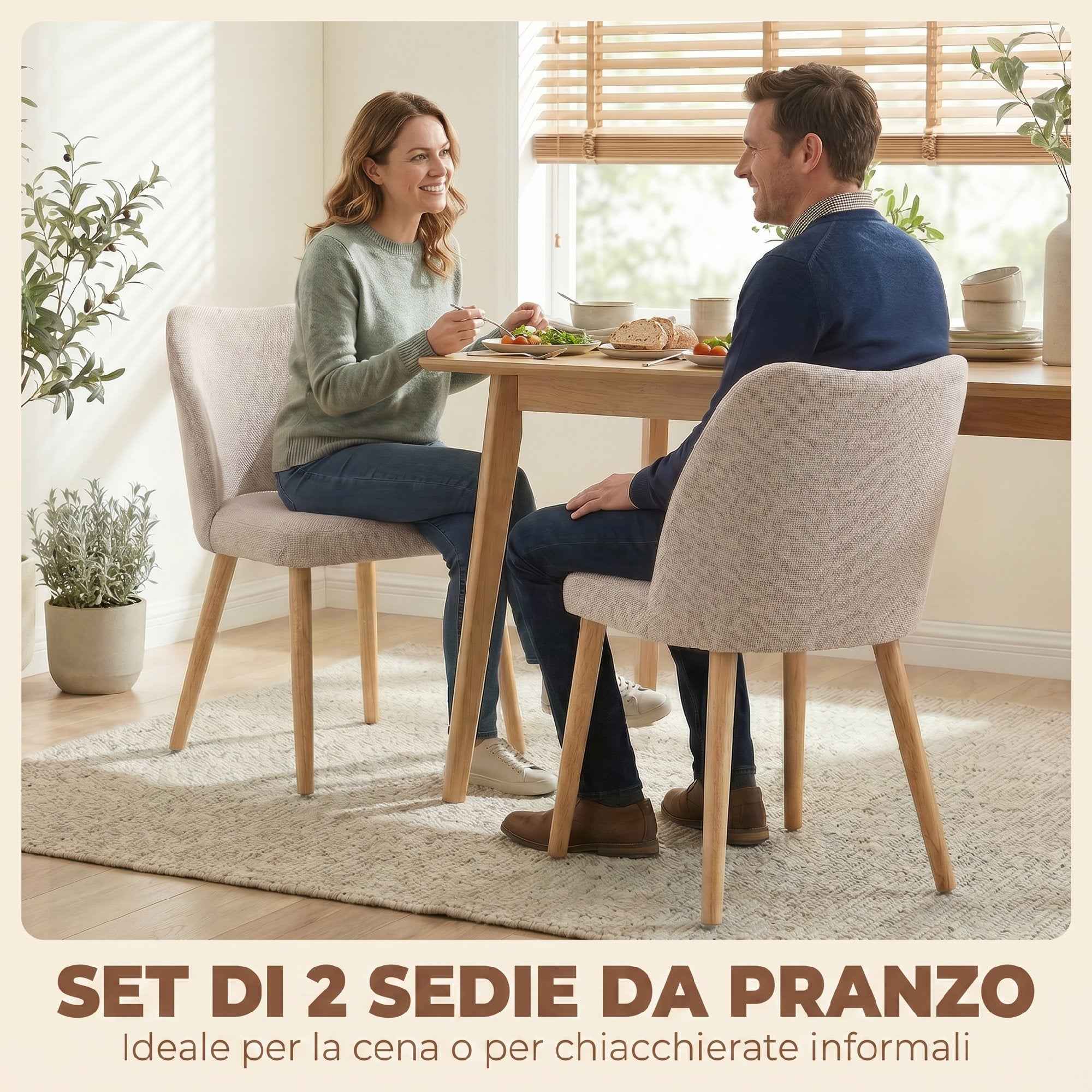 HOMCOM Set of 2 Dining Chairs in Linen-Effect Fabric and Rubber Wood, Padded Seat, Curved Backrest, Cream