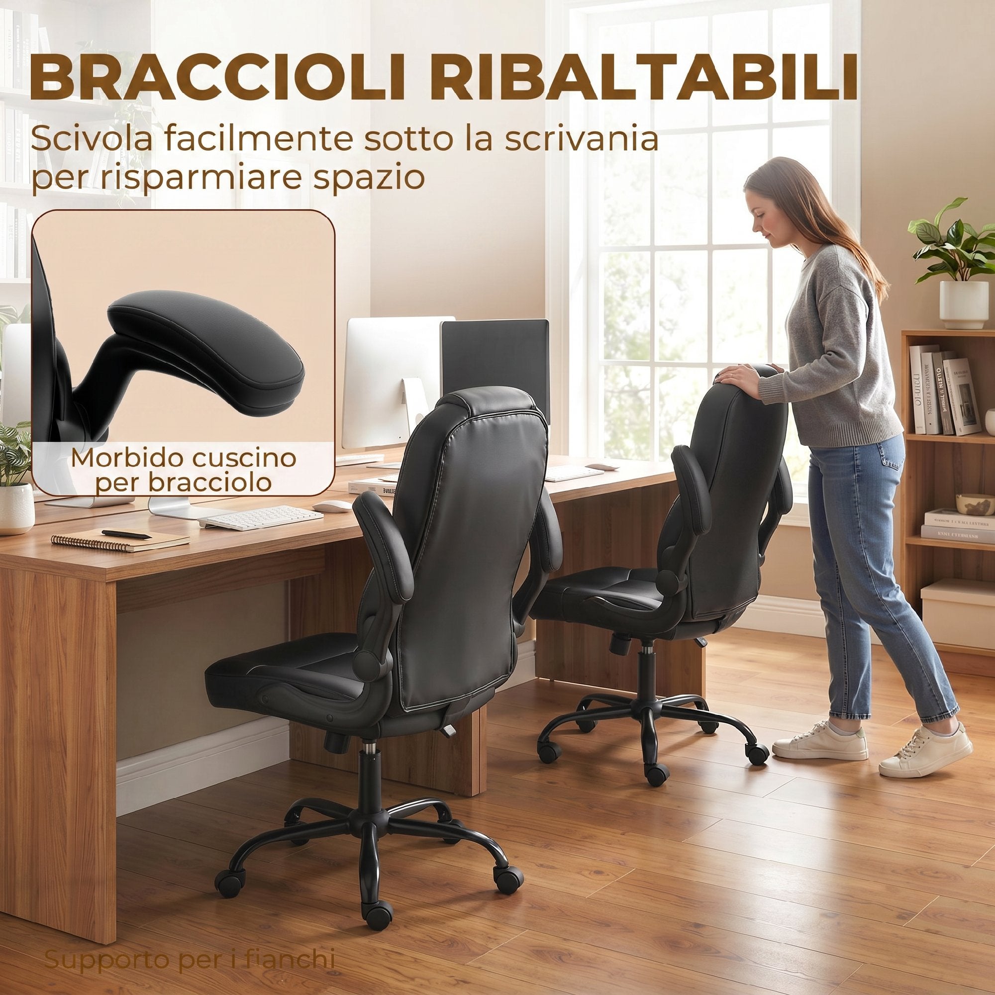 HOMCOM Swivel Office Chair, Rocking Function, Foldable Armrests, High Backrest, Adjustable Height, Black