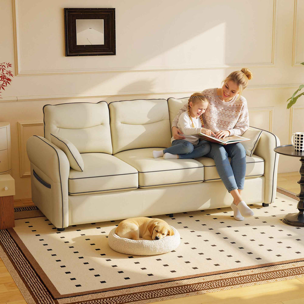 HOMCOM 3-Seater Faux Leather Sofa with Thick Padding, Side Pocket and 2 Cushions, 190x83x90 cm, Beige