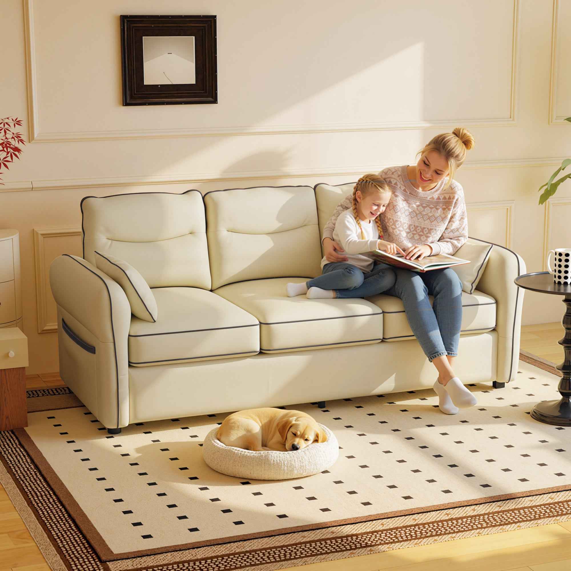 HOMCOM 3-Seater Faux Leather Sofa with Thick Padding, Side Pocket and 2 Cushions, 190x83x90 cm, Beige