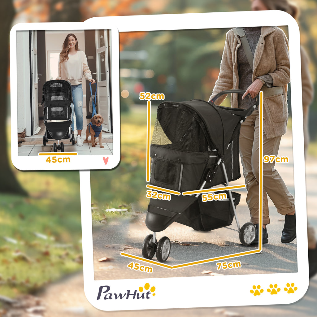 Folding Dog Stroller with Swivel Wheels and Brake, 75x45x97 cm, Black