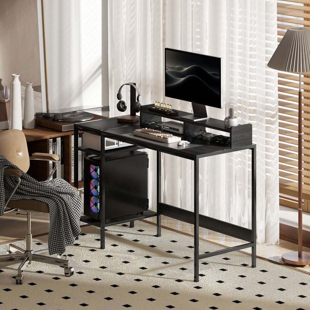 PC Desk with Monitor Stand and 2 Adjustable Shelves, Wood and Steel, 120x48x85.5 cm, Black