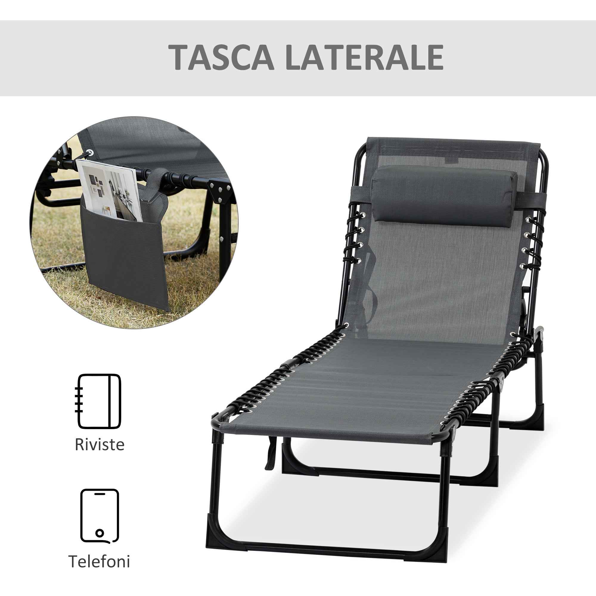 Outsunny Folding Garden Lounger with 5-Position Reclining Backrest and Cushion, 185x58x30cm, Grey