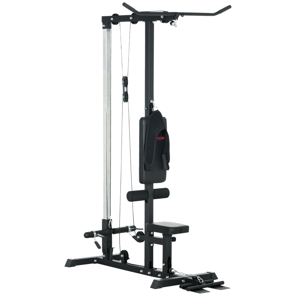 SPORTNOW Multifunctional Fitness Station with Lat Machine, Adjustable Seat and Disc Holder, Black