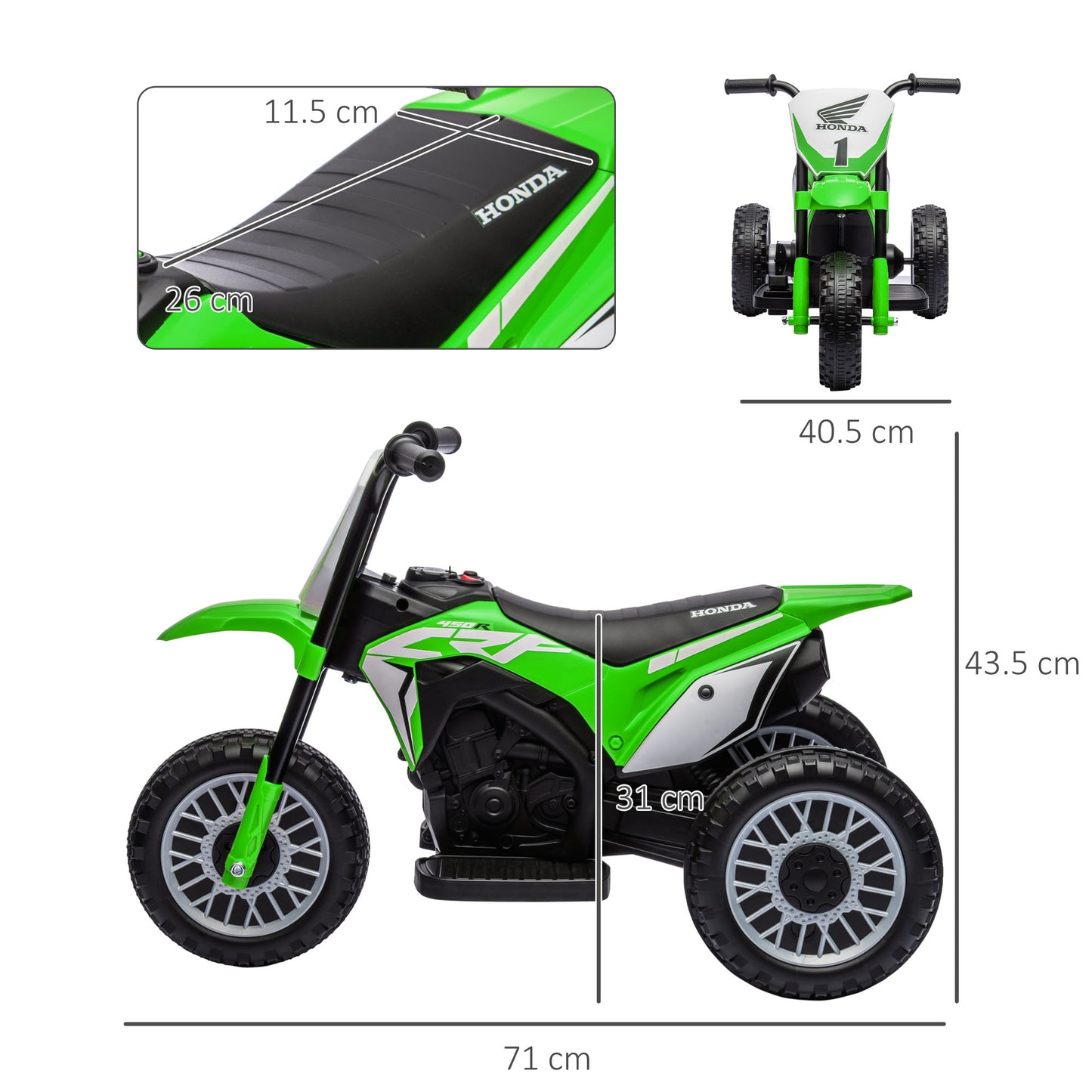 Honda CRF450RL Licensed 3-Wheel Electric Motorcycle for Kids, Age 18-36 Months, Green