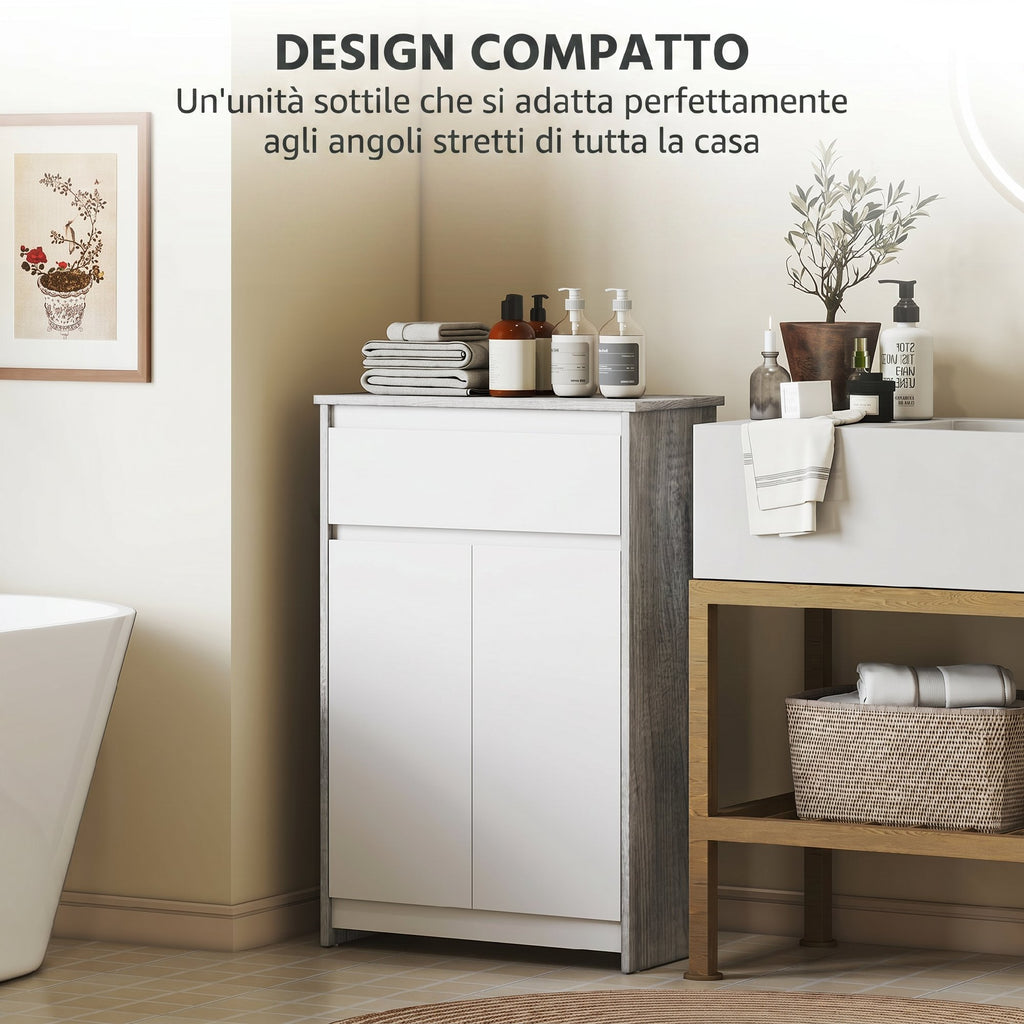 kleankin Freestanding Bathroom Cabinet with Drawer and Double Doors, Grey-White