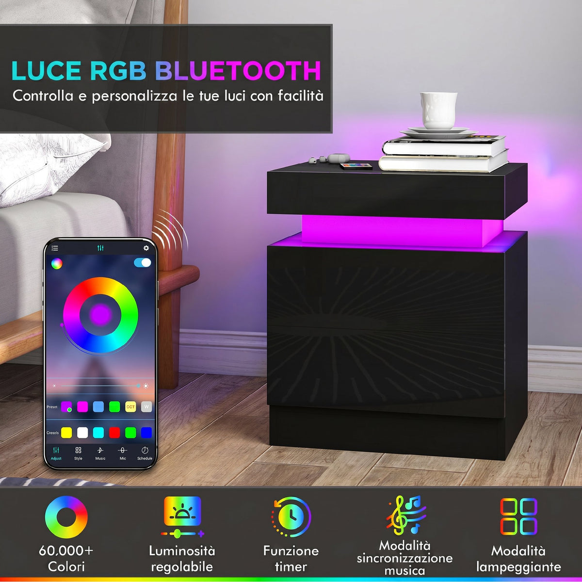HOMCOM Set of 2 LED Nightstands with 16 Colors and 4 Modes and 2 Drawers, Wooden, 45x35x52 cm, Black