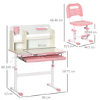 Children's Desk and Chair Set for Ages 3 and Up, Adjustable 60° Tiltable Table with Drawer and Shelves, Pink