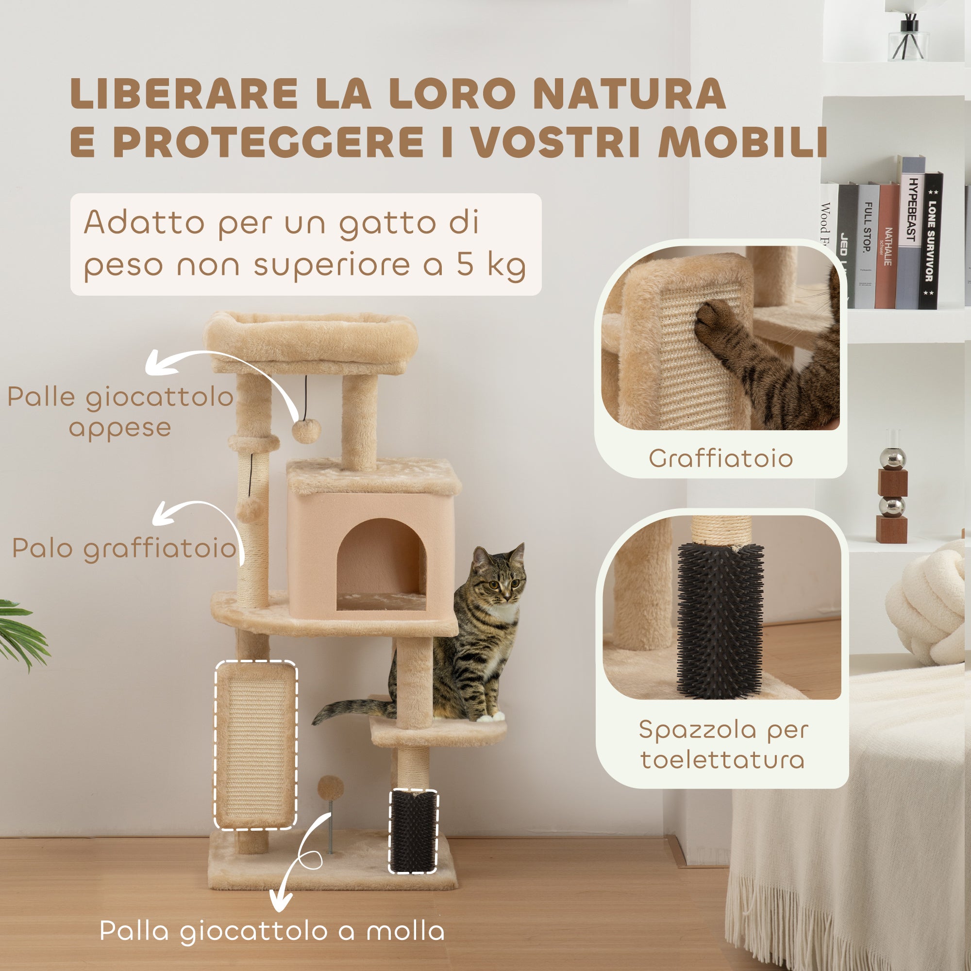 Multi-Level Cat Tree, 104 cm Tall, with House, Bed, Scratching Posts, Brush and Ball, Beige