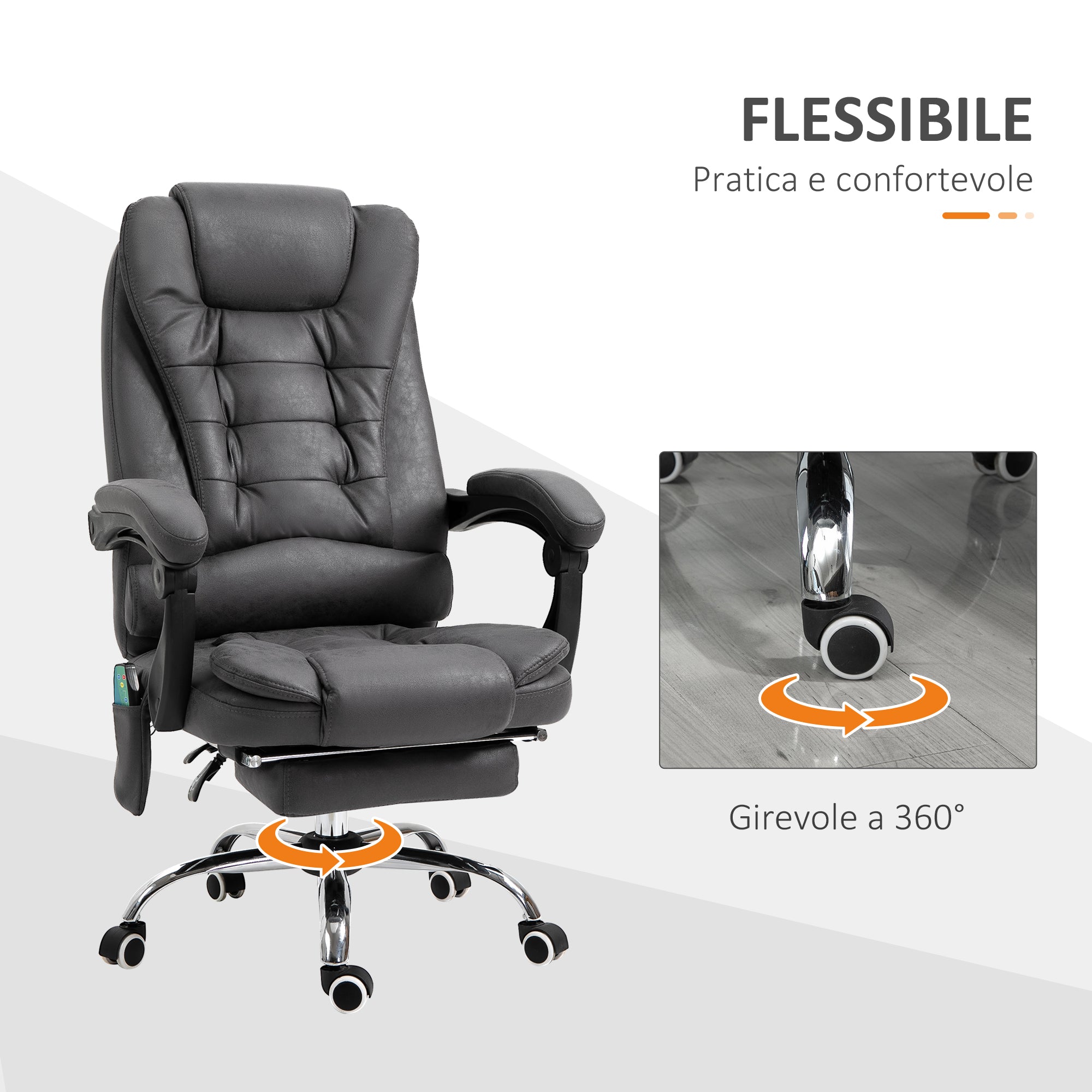 View of the massacle and reclining office armchair with adjustable heating and height, gray - Borgè