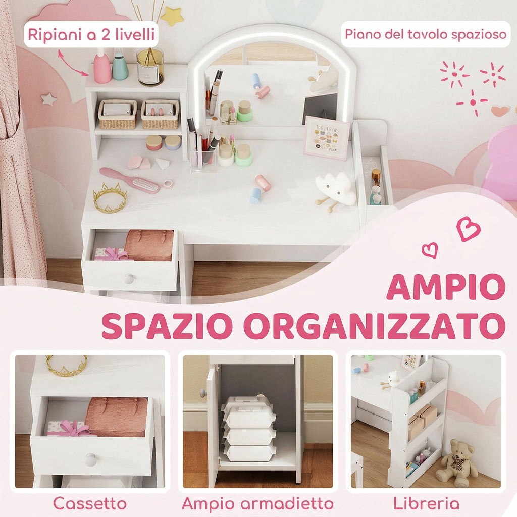 AIYAPLAY 2-in-1 Kids Dressing Table Set with Mirror, Chair, LED Light, Cabinet, Shelves and Bookcase, White