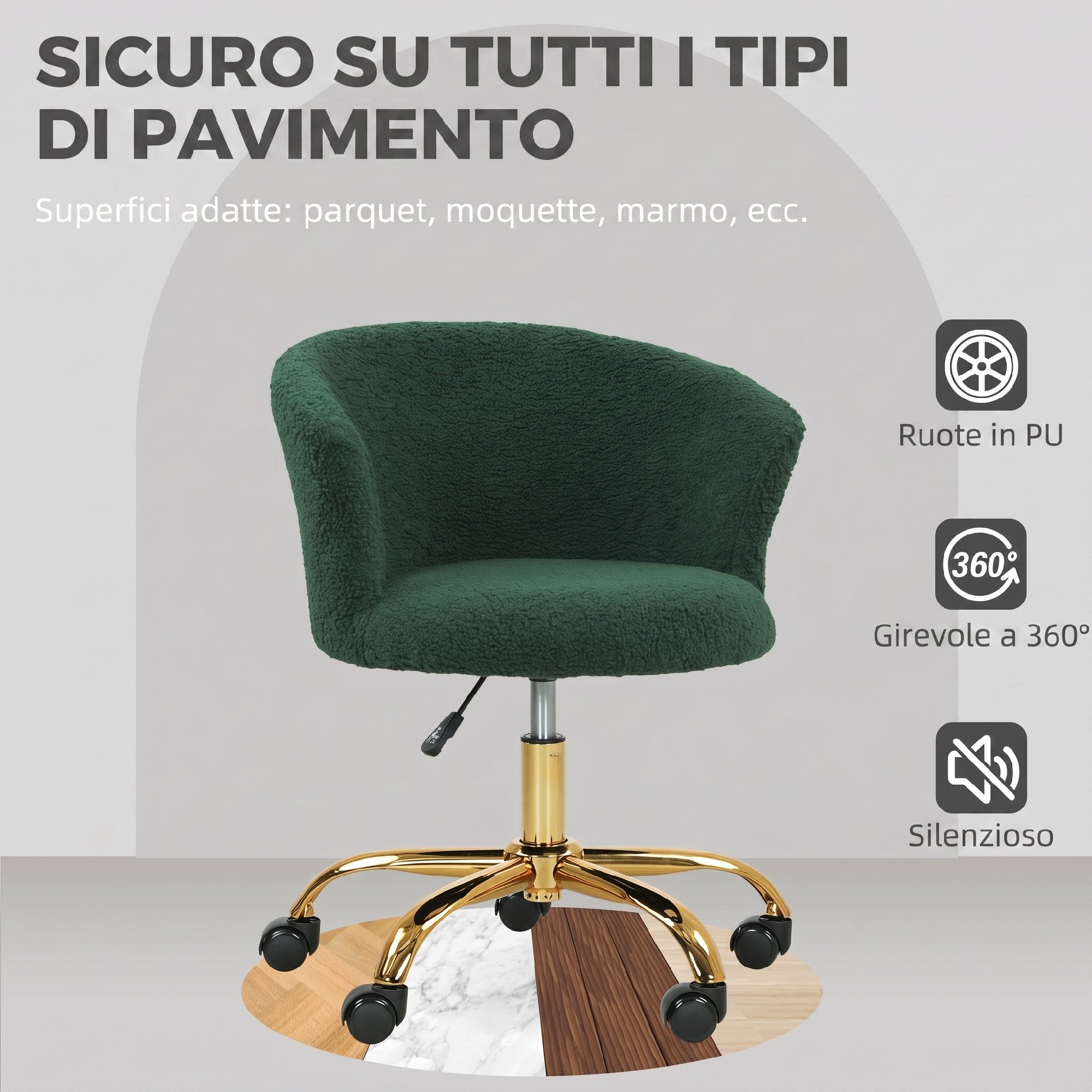 Vinsetto Teddy Velvet Swivel Office Chair, Steel Frame, Adjustable Height, 120kg Load Capacity, Dark Green