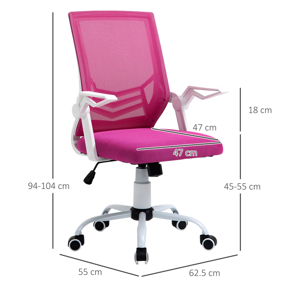 Ergonomic Office Chair with Lumbar Support, Folding Armrests, Breathable Mesh Swivel Desk Chair with Reclining Backrest and Adjustable Height, 120kg Capacity, Pink