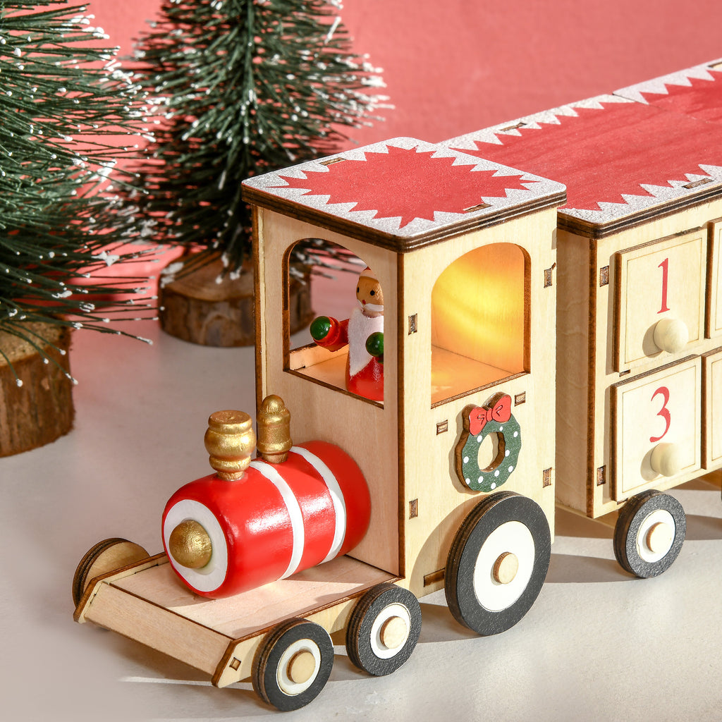 Christmas Advent Calendar Train with Santa Claus and LED Light Included, Plywood, 40x8x11 cm