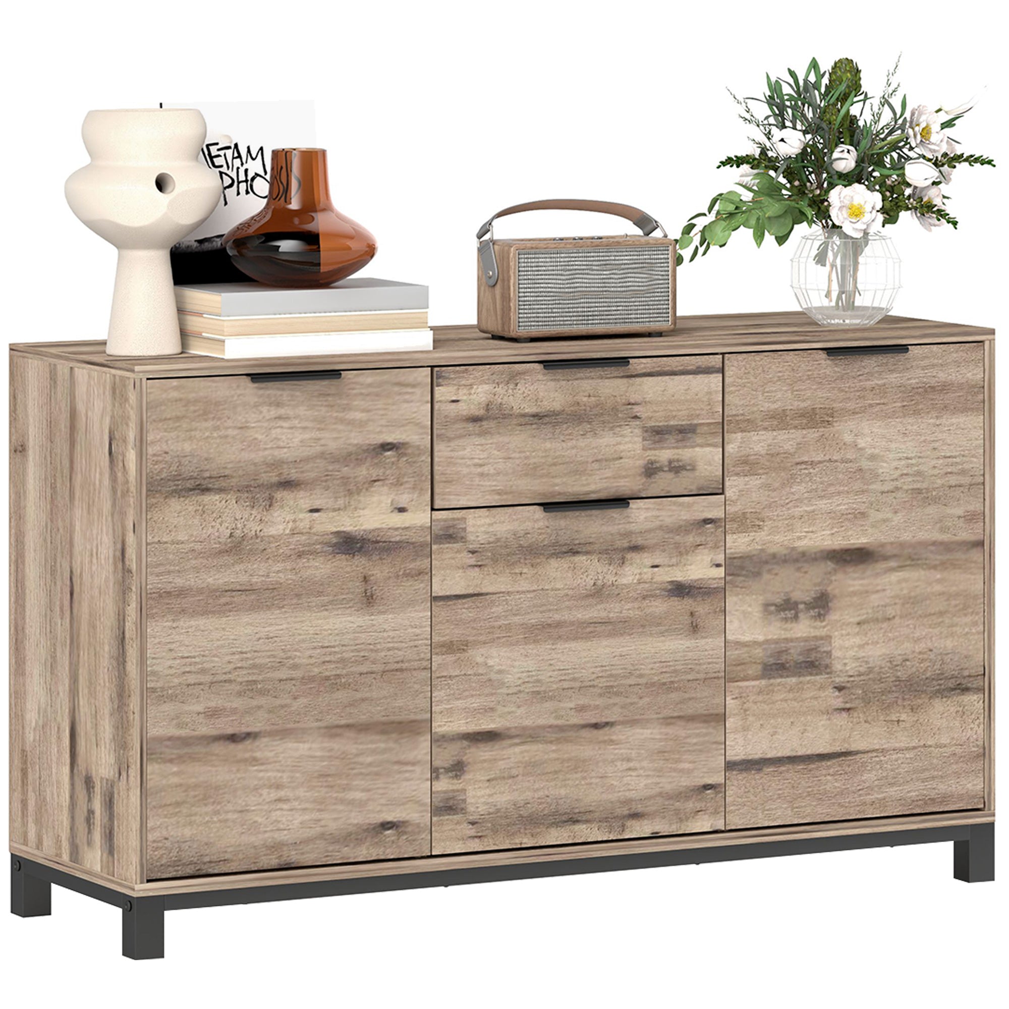 Industrial Style Sideboard with Drawer and 3 Cabinets, Brown Wood, 120x36.5x70 cm