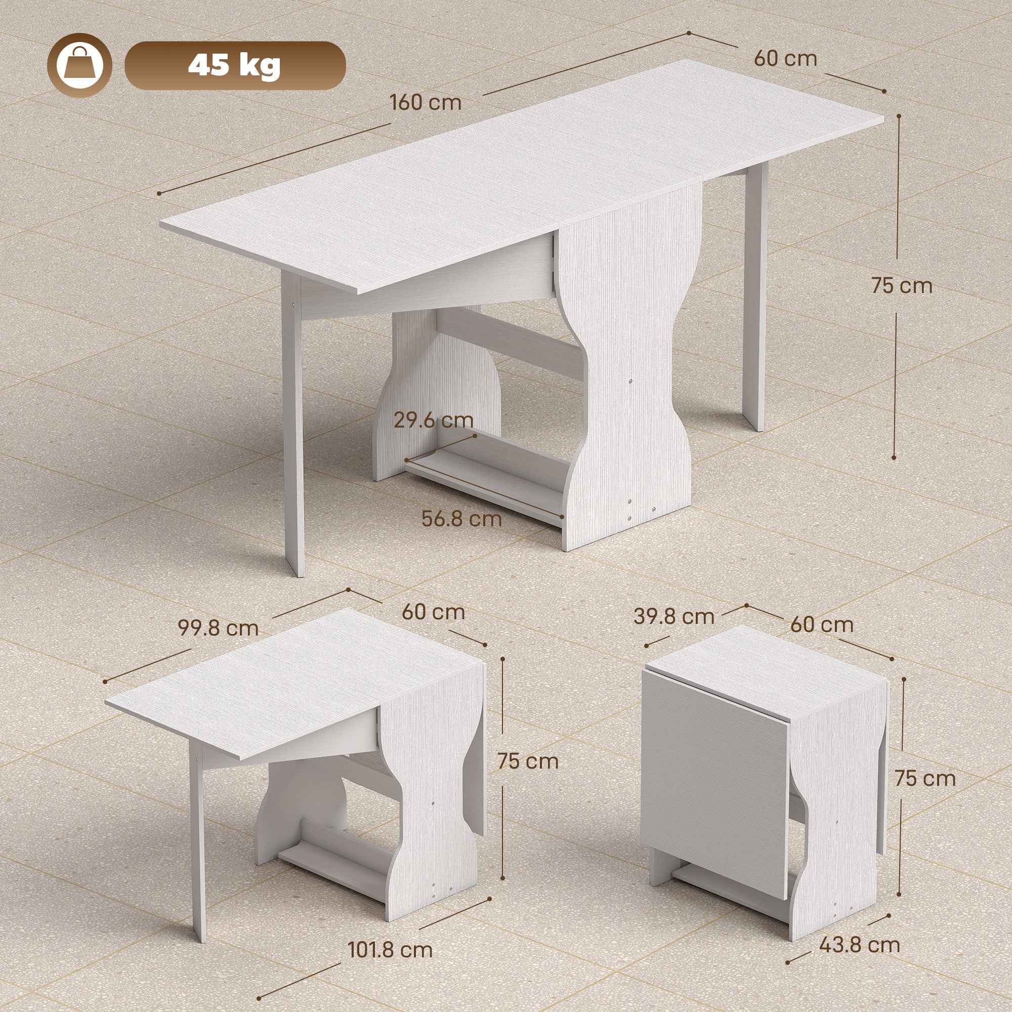 HOMCOM Folding Dining Table for 4 People with Shelf, Wooden, 160x60x75 cm, White