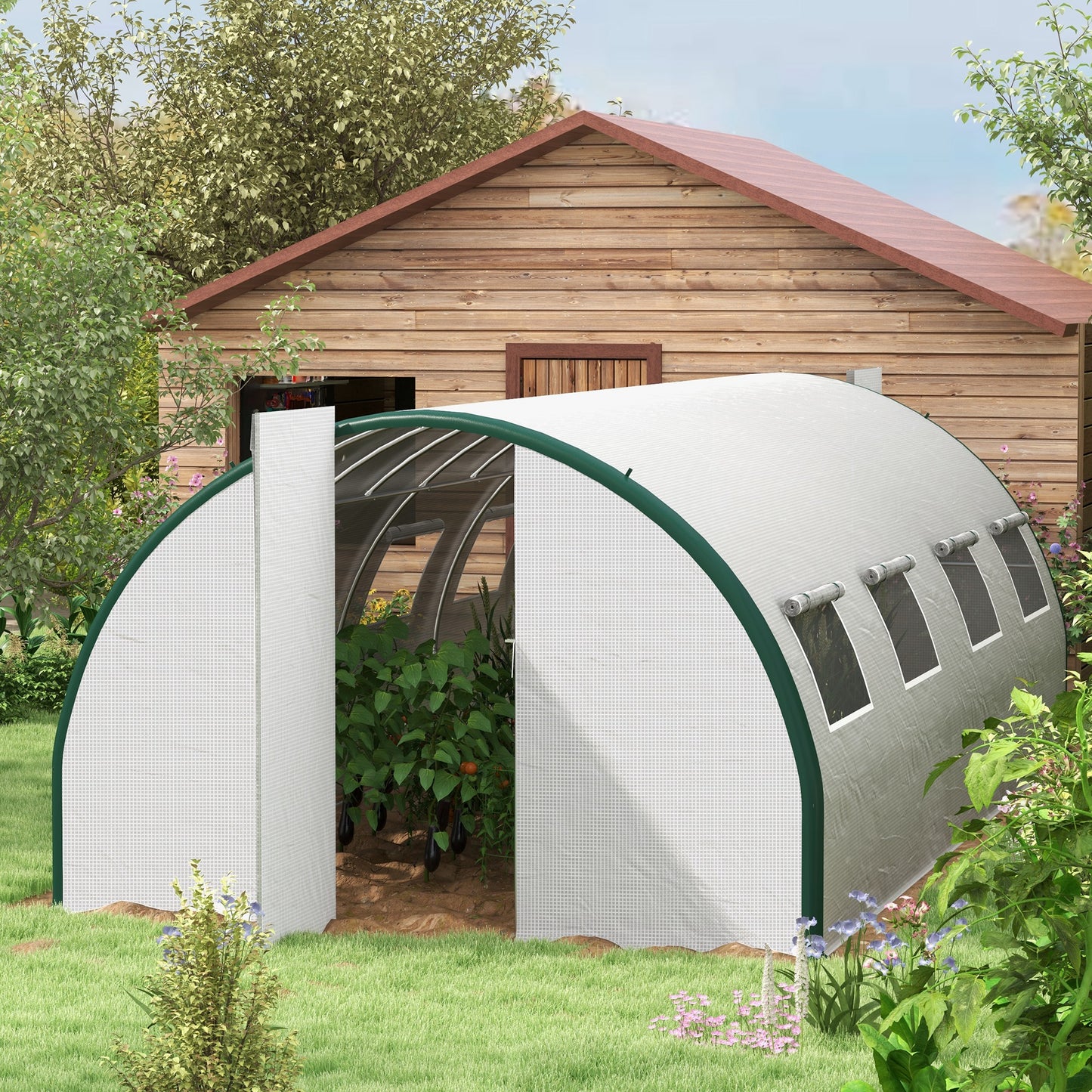 Outsunny Tunnel Greenhouse 6x3 m with 2 Entrances and 8 Windows, in PE, Polyester and Galvanized Steel, White and Green - Borgè