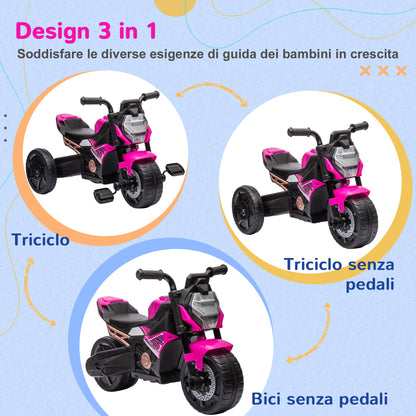 Electric Tricycle for Children 18-36 Months 3 in 1 with Headlights, Music and Horn, in PP and Steel, 75x43x47 cm, Pink