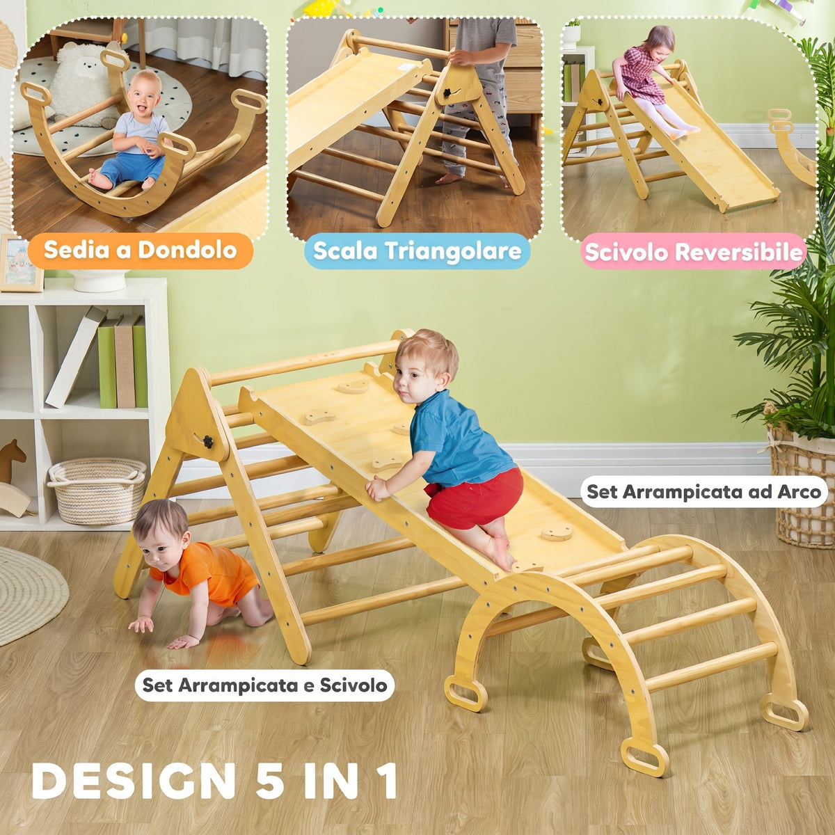 AIYAPLAY Montessori Children's Climbing Game with Triangle and Arch and Ramp with Stones, 178x64.5x63 cm, Wood Color