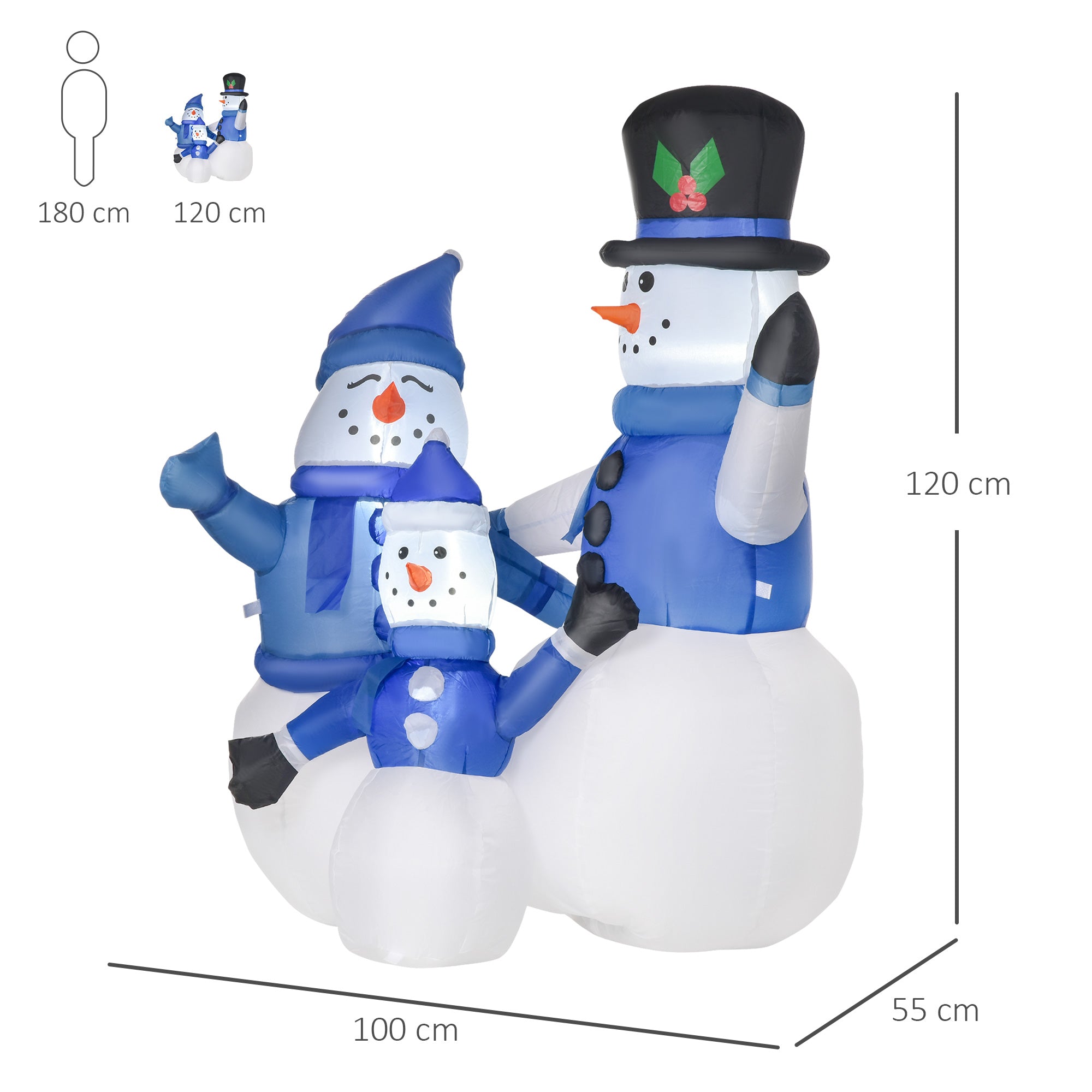 Outdoor Inflatable Snowmen 120cm, Luminous, Waterproof Christmas Decoration with Pegs and Ropes, White Blue