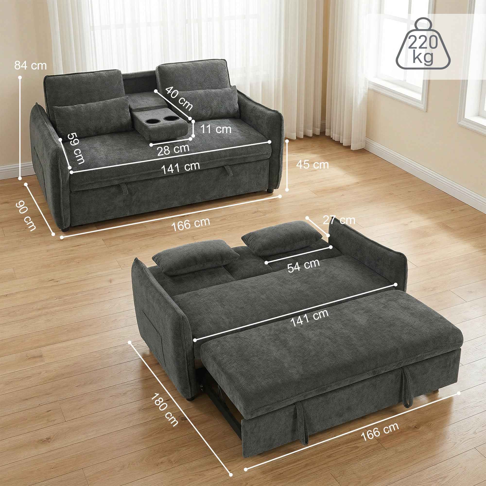 HOMCOM 3-in-1 2-Seater Sofa Bed with 3-Position Adjustable Backrest and 2 Cushions, Chenille, Dark Grey