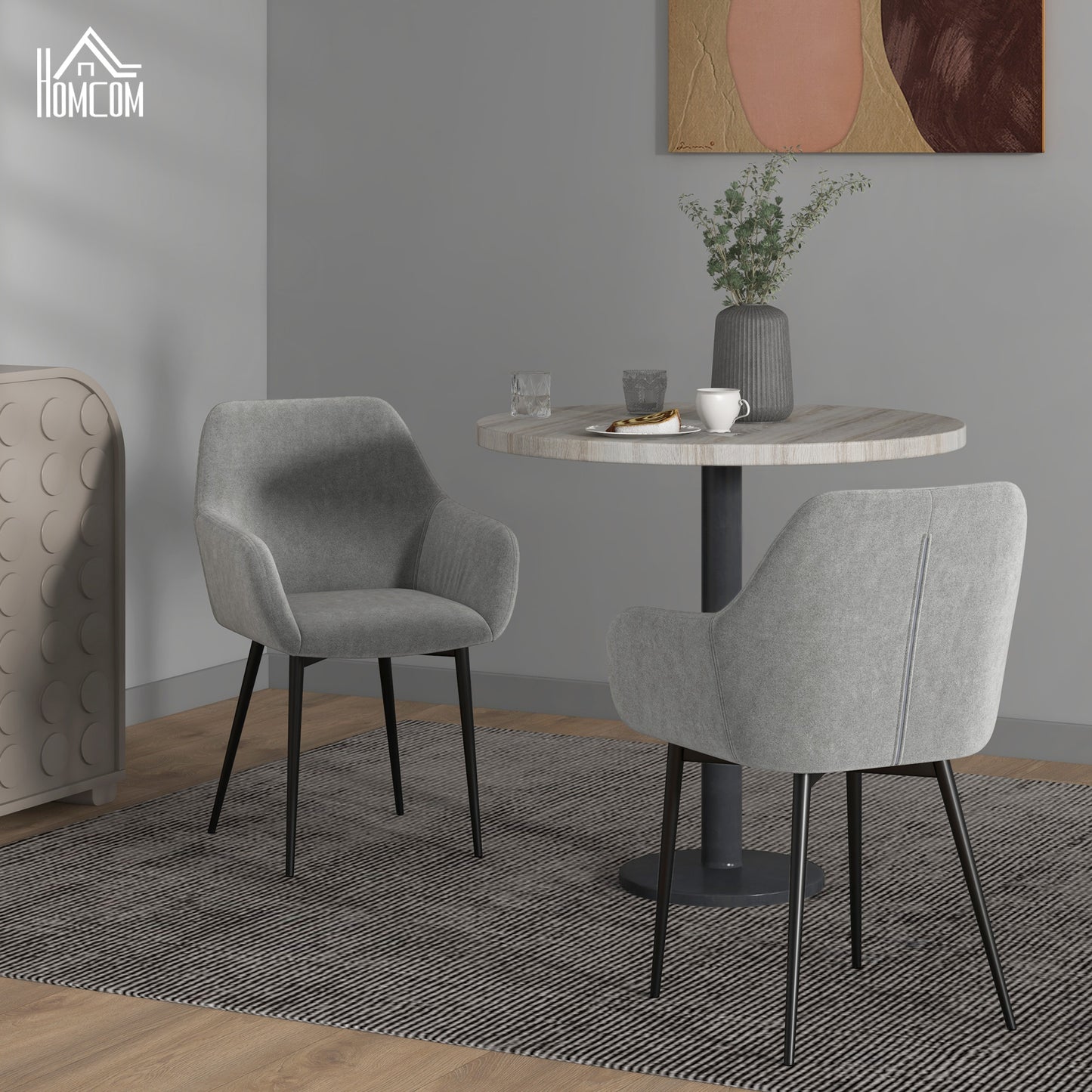 Set of 2 Nordic Dining Chairs Padded with Curved Armrests in Velvet Effect Fabric, 54x57x80 cm, Dark Grey