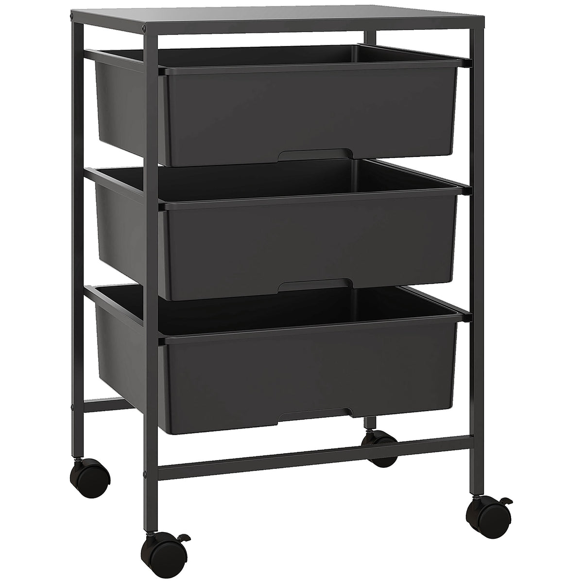 HOMCOM Multipurpose Trolley with 3 Removable Baskets and Wheels for Kitchen and Office in Steel and PP, Black