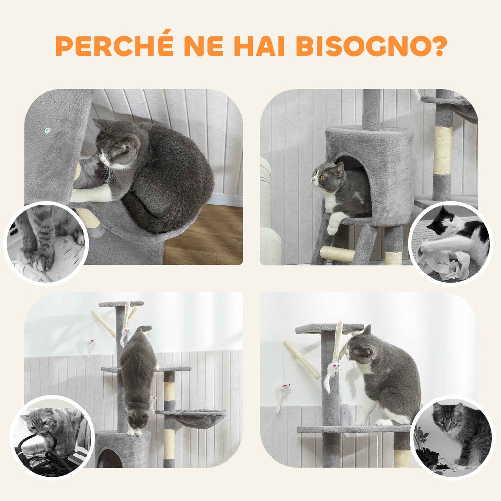 PawHut Cat Tower with House, Perch, Platforms and 4 Mice, Made of Wood, Plush and Sisal, 60x35x134 cm, Grey