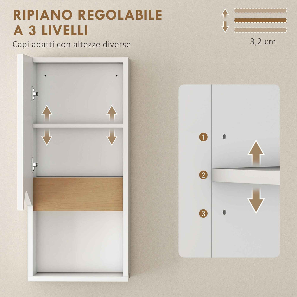 HOMCOM Bathroom Wall Cabinet with Open Shelf and Adjustable Shelf, Wooden, 30x17x67 cm, White and Wood Color