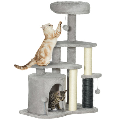 Cat Tree with Playhouse, Bed and Balls, Chipboard, Sisal and Plush, 60x39x87 cm, Light Grey and Cream