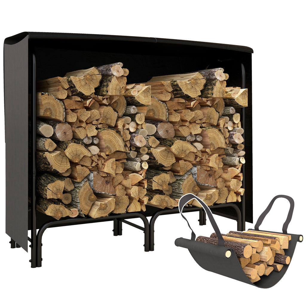Indoor and Outdoor Metal Log Holder with Firewood Holder and Cover, 120x36x99 cm, Black