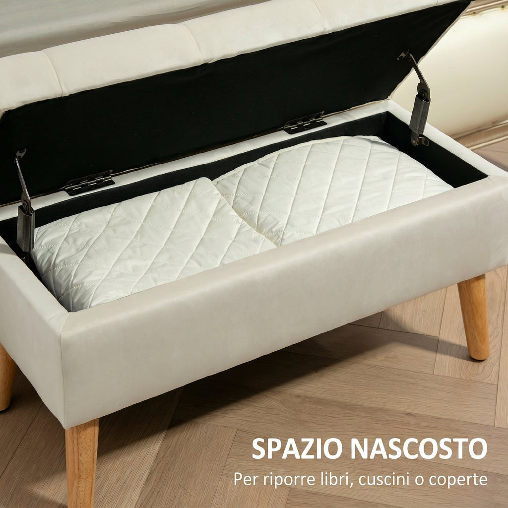 HOMCOM Storage Chest Pouf Footstool 80x35x42 cm in Velvet, Rubber Wood Legs, Cream