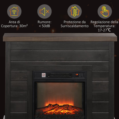 Electric Fireplace 1800W with Flame Effect and Remote Control, in Wood, Metal and Glass, 96.5x22x81.7 cm, Dark Grey